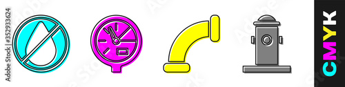 Set Water drop forbidden, Water meter, Industry metallic pipe and Fire hydrant icon. Vector