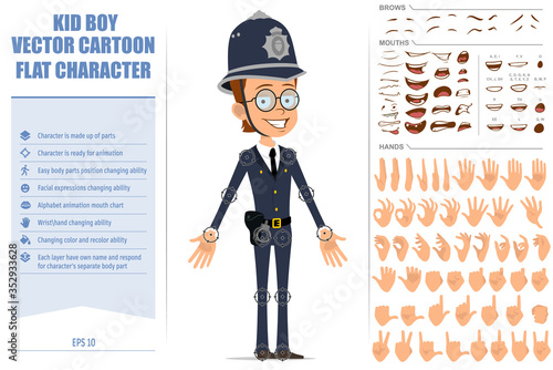 Cartoon flat funny british policeman boy character in helmet and uniform. Ready for animations. Face expressions, eyes, brows, mouth and hands easy to edit. Isolated on white background. Vector set.