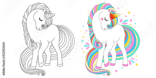 Cute unicorn line and color. Vector illustration for coloring book