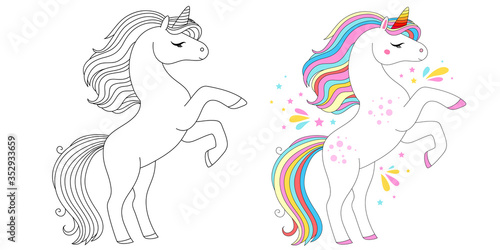 Cute unicorn line and color. Vector illustration for coloring book