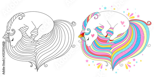 Line and color unicorns vector illustration for coloring book