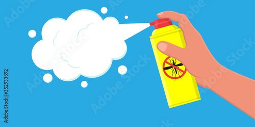 Aerosol in hand.Mosquito insect reppelent bottle icon. Bug and mosquito reppelent spray aerosol prevention.