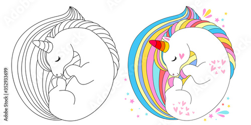 Line and color unicorns vector illustration for coloring book
