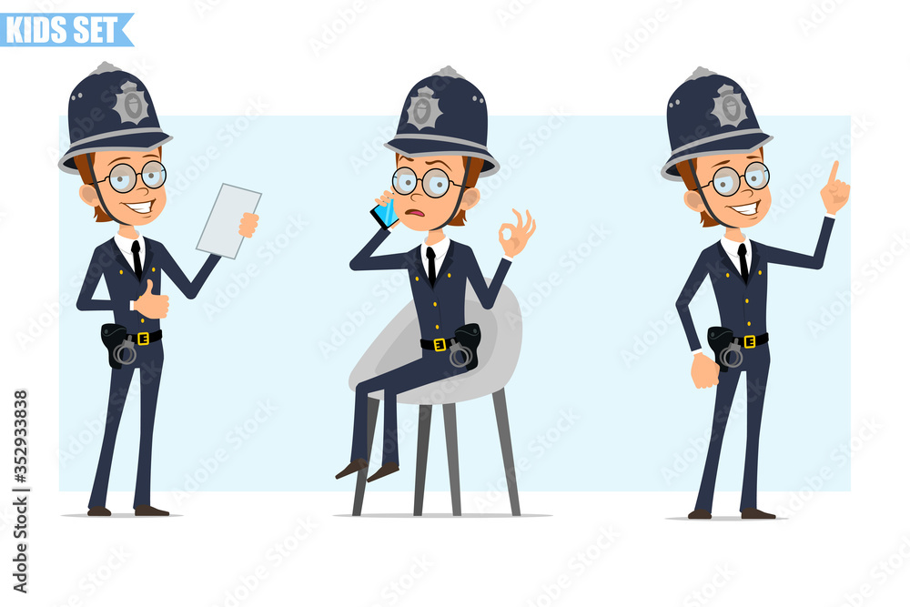 Cartoon flat british policeman boy character in helmet, glasses and uniform. Ready for animation. Kid talking on phone, showing thumbs up and okay sign. Isolated on blue background. Vector icon set.