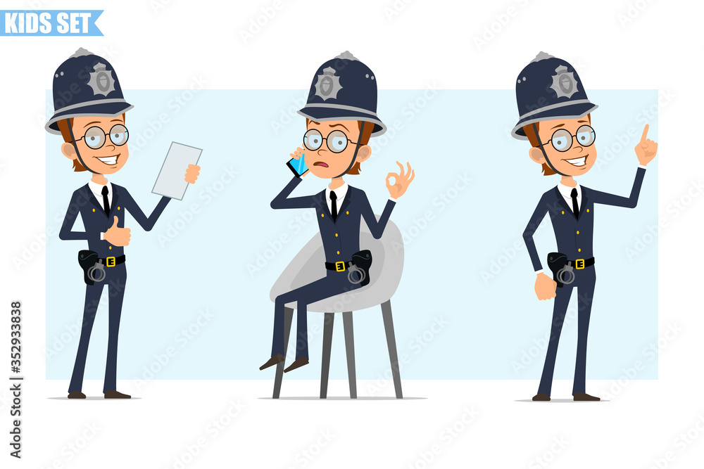 Cartoon flat british policeman boy character in helmet, glasses and uniform. Ready for animation. Kid talking on phone, showing thumbs up and okay sign. Isolated on blue background. Vector icon set. Cartoon flat british policeman boy character in helmet, glasses and uniform. Ready for animation. Kid talking on phone, showing thumbs up and okay sign. Isolated on blue background. Vector icon set.