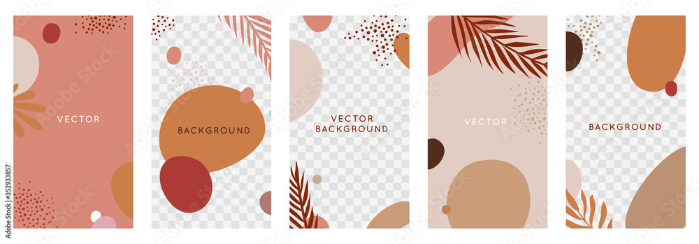 Vector set of abstract backgrounds with copy space for text - bright vibrant banners, posters, cover design templates, social media stories wallpapers with tropical leaves and plants