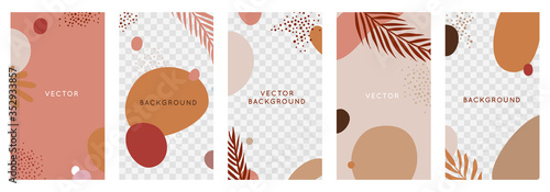 Vector set of abstract backgrounds with copy space for text - bright vibrant banners, posters, cover design templates, social media stories wallpapers with tropical leaves and plants © venimo