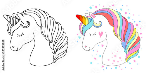 Fotografie, Obraz Line and color unicorns vector illustration for coloring book