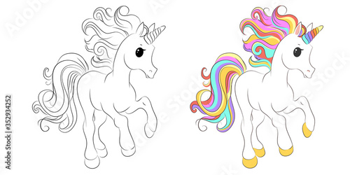 Cute unicorn line and color. Vector illustration for coloring book