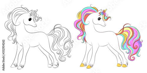 Cute unicorn line and color. Vector illustration for coloring book