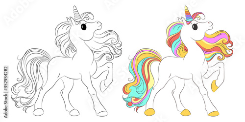 Cute unicorn line and color. Vector illustration for coloring book