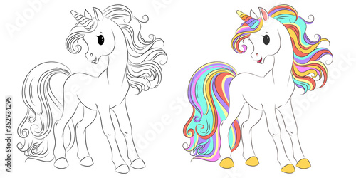 Cute unicorn line and color. Vector illustration for coloring book
