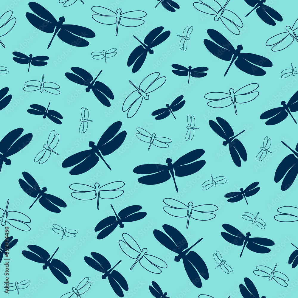 Fototapeta premium Seamless pattern with colorful dragonflies. Dark blue silhouettes and outlines insects on a turquoise background. Vector illustration. Great for designs backdrops, cards, textiles, packings, fabric.