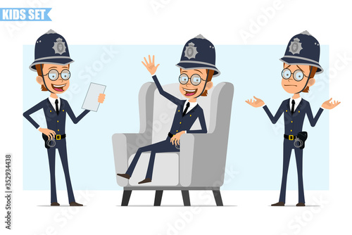 Cartoon flat funny british policeman boy character in helmet, glasses and uniform. Ready for animation. Happy kid resting on sofa and holding note. Isolated on blue background. Vector icon set.
