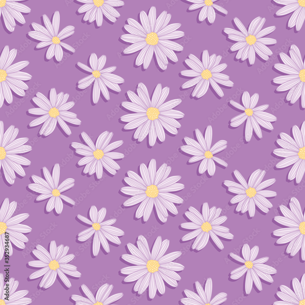 Purple daisy vector repeat pattern. Doodle flower seamless illustration background. Purple daisy vector repeat pattern. Doodle flower seamless illustration background.