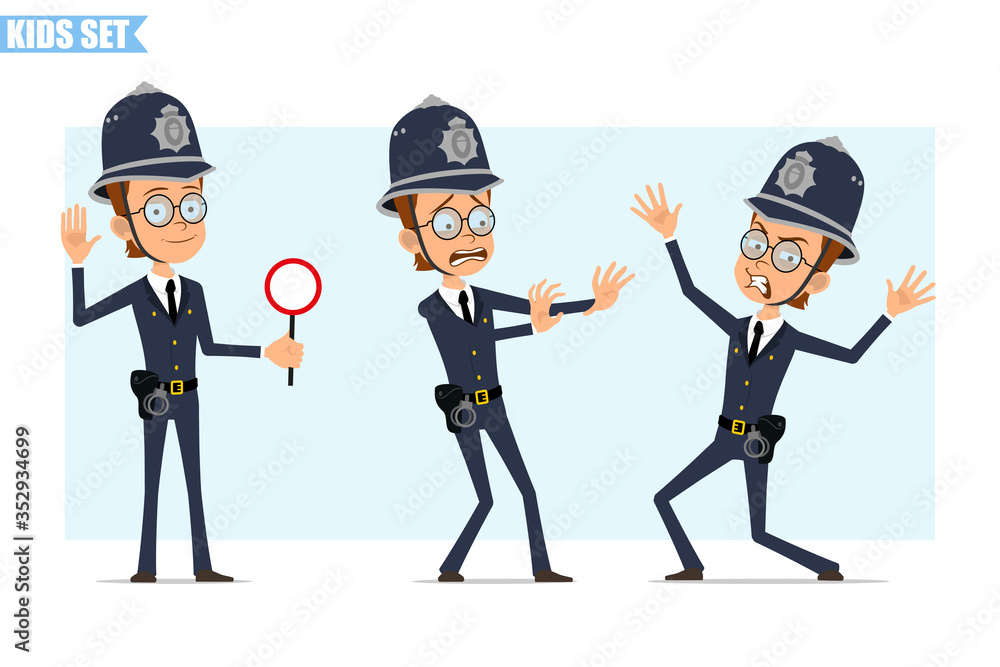 Cartoon flat funny british policeman boy character in helmet, glasses and uniform. Ready for animation. Kid showing stop sign and scary gesture. Isolated on blue background. Vector icon set. Cartoon flat funny british policeman boy character in helmet, glasses and uniform. Ready for animation. Kid showing stop sign and scary gesture. Isolated on blue background. Vector icon set.
