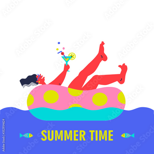 Funny woman relaxing take sunbath on rubber ring, floating on water waves. Cartoon Flat Vector Illustration.