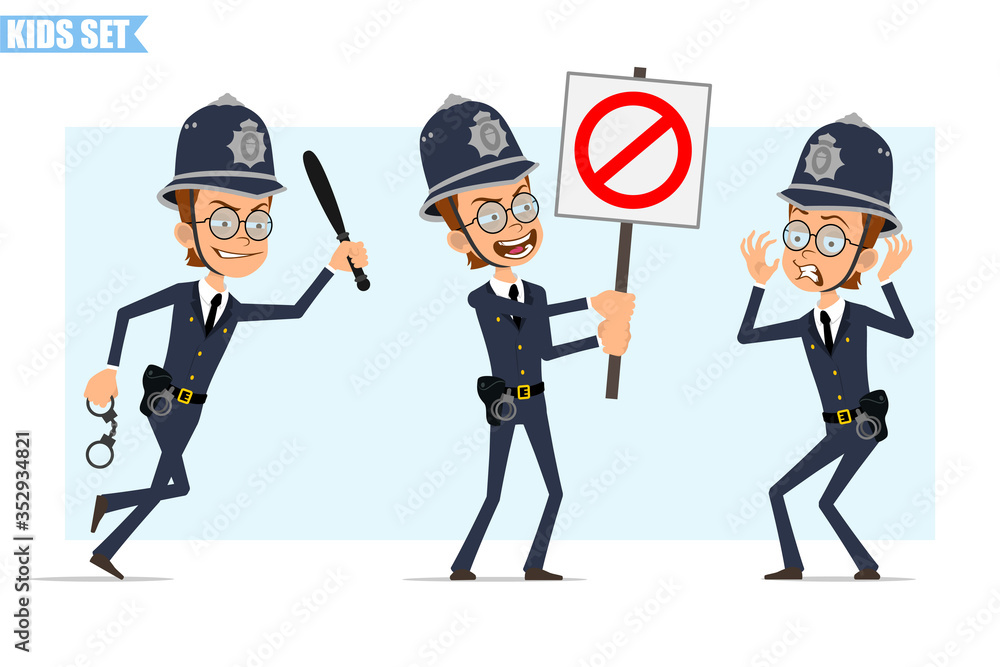 Cartoon flat british policeman boy character in helmet, glasses and uniform. Ready for animation. Kid running with police baton and holding no entry sign. Isolated on blue background. Vector icon set.
