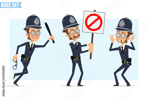 Cartoon flat british policeman boy character in helmet, glasses and uniform. Ready for animation. Kid running with police baton and holding no entry sign. Isolated on blue background. Vector icon set.
