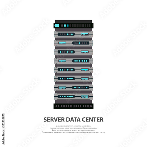 Cartoon server data center icon in flat style isolated on white. Big data computer rack for cloud workstation. Vector illustration