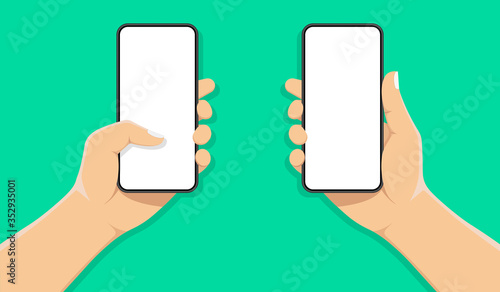 mobile phone in man’s hand. Hand holds smartphone. Blank white screen. Touch finger. Modern flat design. Vector illustration with shadow.