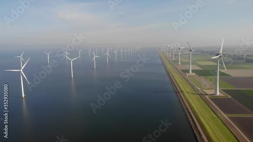 Windmill park westermeerdijk Netherlands, wind mill turbine with blue sky in ocean, green energy photo