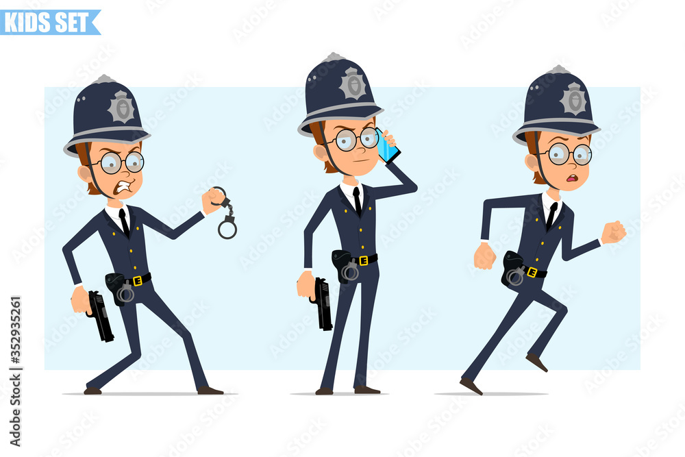 Cartoon flat funny policeman boy character in helmet, glasses and uniform. Ready for animation. Kid running with handcuffs and gun, talking on phone. Isolated on blue background. Vector icon set. Cartoon flat funny policeman boy character in helmet, glasses and uniform. Ready for animation. Kid running with handcuffs and gun, talking on phone. Isolated on blue background. Vector icon set.