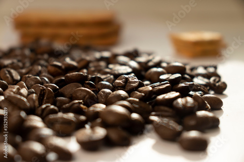 Breakfast coffee cookies morning still life background coffee grain on a white background 