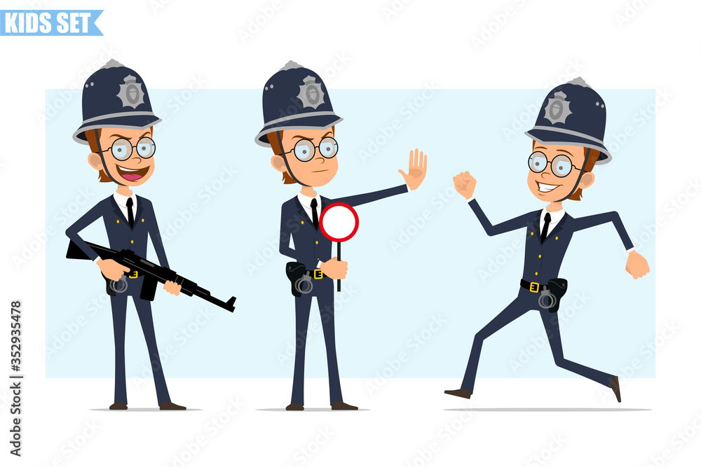 Cartoon flat funny british policeman boy character in helmet, glasses and uniform. Ready for animation. Kid running, holding rifle and stop sign. Isolated on blue background. Vector icon set.