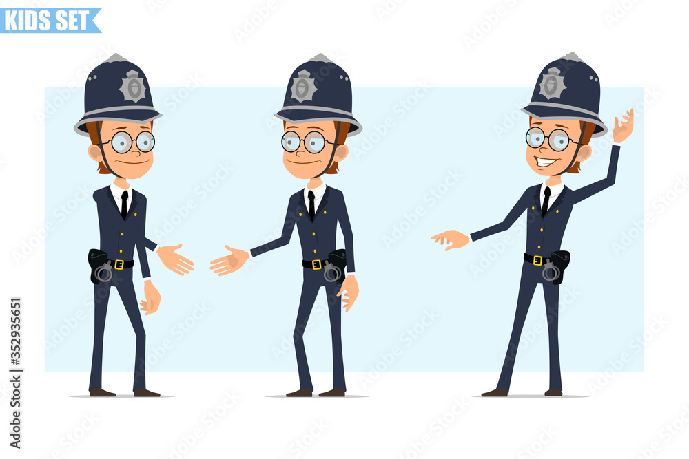 Cartoon flat funny british policeman boy character in helmet, glasses and uniform. Ready for animation. Kid standing, smiling and shaking hands. Isolated on blue background. Vector icon set. Cartoon flat funny british policeman boy character in helmet, glasses and uniform. Ready for animation. Kid standing, smiling and shaking hands. Isolated on blue background. Vector icon set.