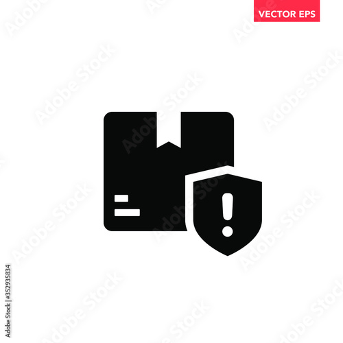 Soiled black single package tracking deliver exclamation mark icon, pack alert flat design pictogram concept vector for app ads web banner button ui ux interface elements isolated on white background