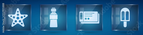 Set Starfish, Bottle of water, Travel ticket and Ice cream. Square glass panels. Vector