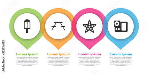 Set Ice cream, Picnic table with benches, Starfish and Photo camera. Business infographic template. Vector