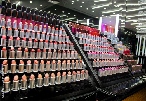 shade of lipstic color on cosmetic shop shelf