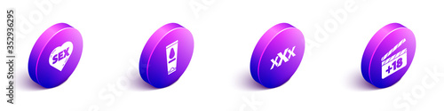 Set Isometric Heart with text Sex, Personal lubricant, Sex shop and Movie clapper with 18 plus content icon. Vector