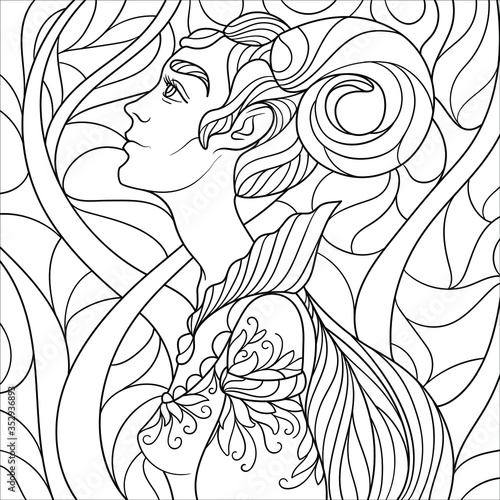 Fantasy coloring page for adults with beautiful girl with horns
