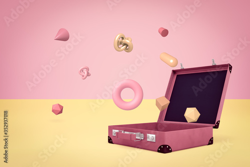 3d rendering of open suitcase with random objects on yellow pink background