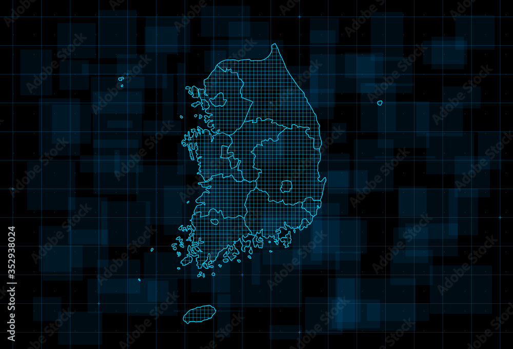 HUD map of the South Korea with provinces. Cyberpunk Futuristic digital dark blue background. Editable stroke. Vector