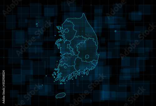 Obraz na płótnie HUD map of the South Korea with provinces. Cyberpunk Futuristic digital dark blue background. Editable stroke. Vector w salonie