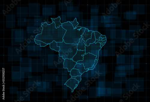 HUD map of the Brazil with states. Cyberpunk Futuristic digital dark blue background. Editable stroke. Vector