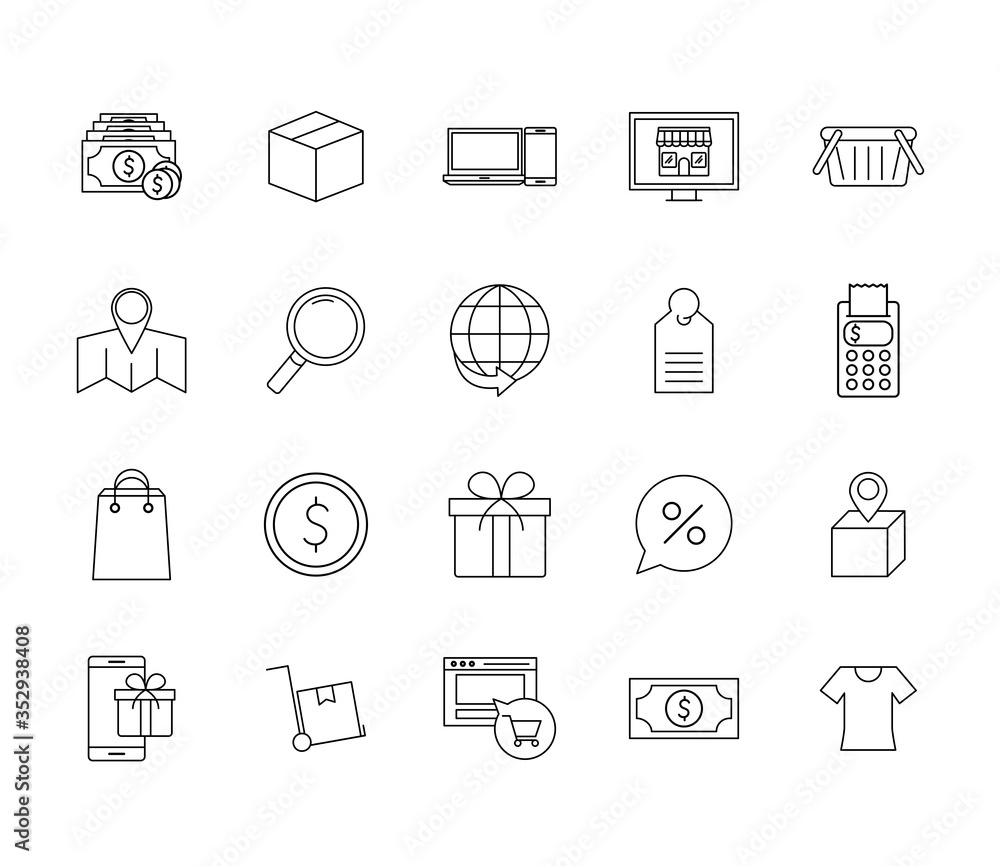 Shopping online line style icon set vector design