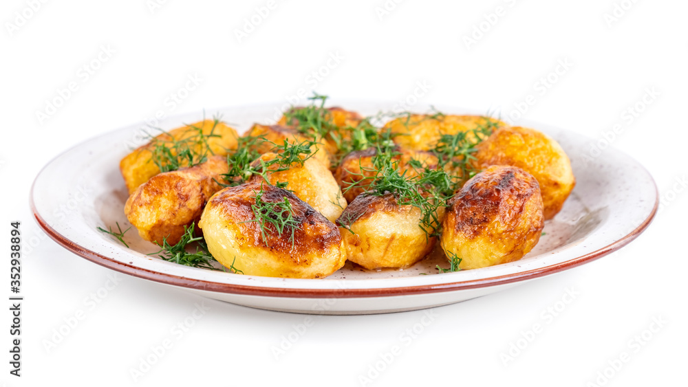 Fried fresh potatos and dill on a plate isolated on a white background Fried fresh potatos and dill on a plate isolated on a white background