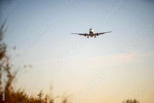 Plane landing at El Prat airport, Barcelona.