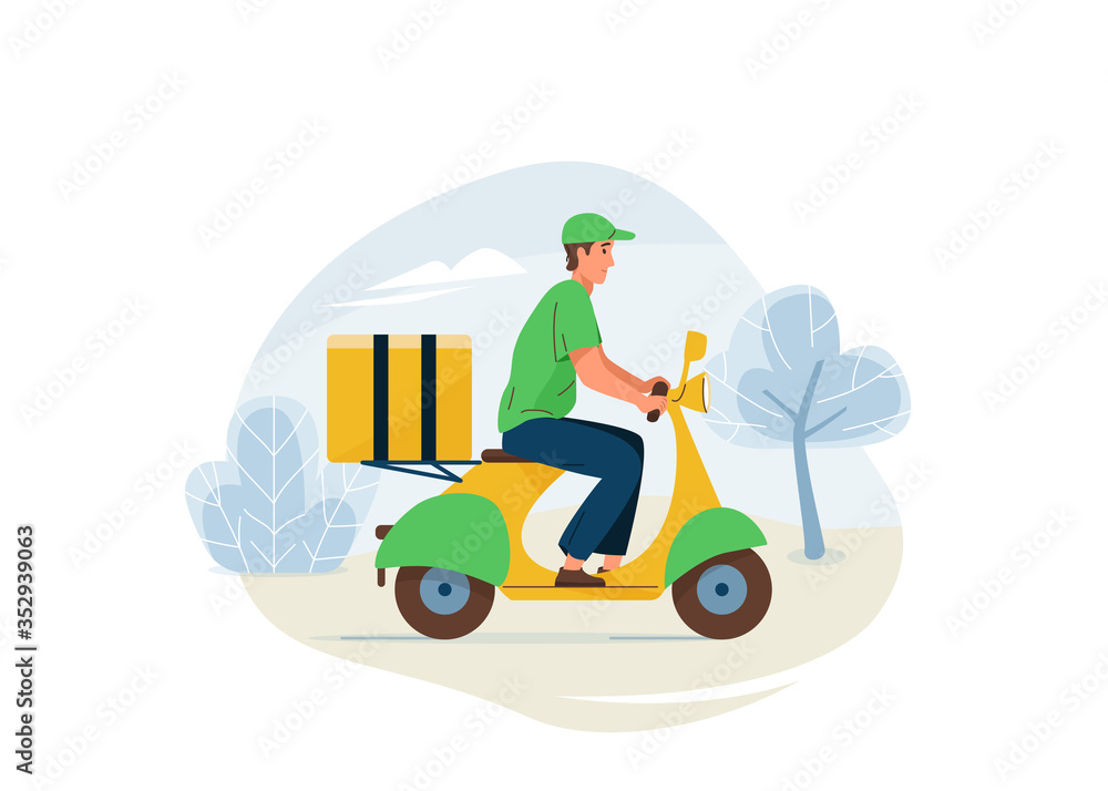 Delivery service vector illustration. Fast safe deliver by man ride by motorbike to work or home, outdoor landscape. Worker wearing in green uniform