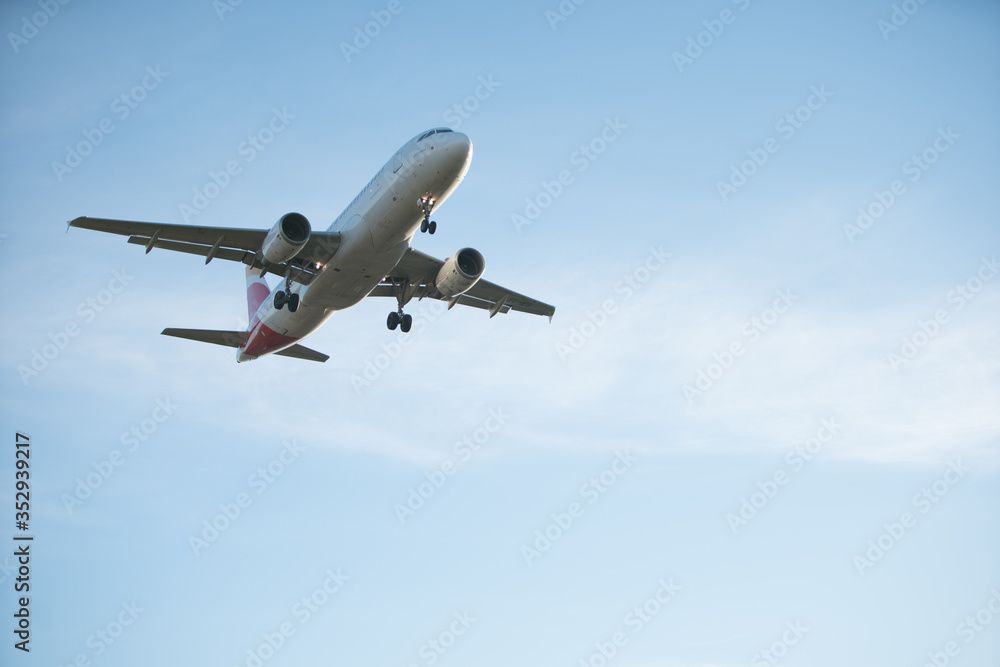 BARCELONA, CATALUNYA, SPAIN - DECEMBER 13, 2017: Iberia company plane landing at El Prat airport, Barcelona.