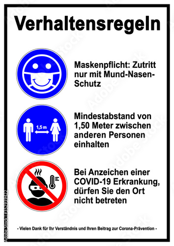 ds235 DiskretionSchild - Gastronomie Set Icons: Zutritt nur mit Mund-Nasen-Schutz / Mindestabstand 1,50 Meter zwischen anderen Personen / Coronavirus Covid-19. - Druckvorlage DIN A2 A3 A4 - xxl g9677 photo