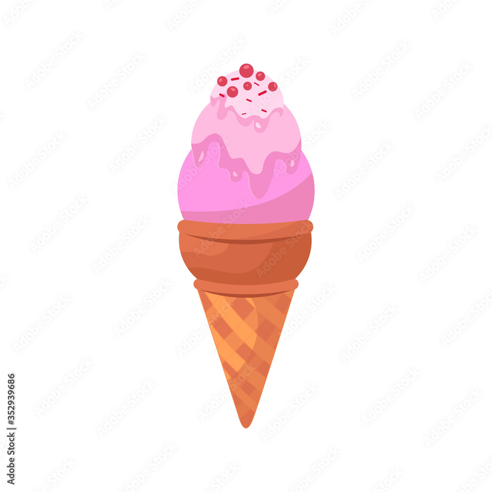 Ice cream pink food isolated on white. Cartoon doodle waffle cone ice cream. Vector illustration cake Ice cream pink food isolated on white. Cartoon doodle waffle cone ice cream. Vector illustration cake