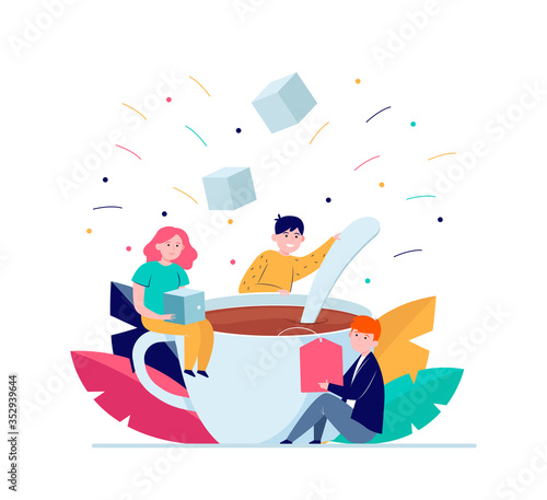 Happy people mixing sugar in big cup of tea. Spoon, office, lunch flat vector illustration. Hot beverages and coffee break concept for banner, website design or landing web page