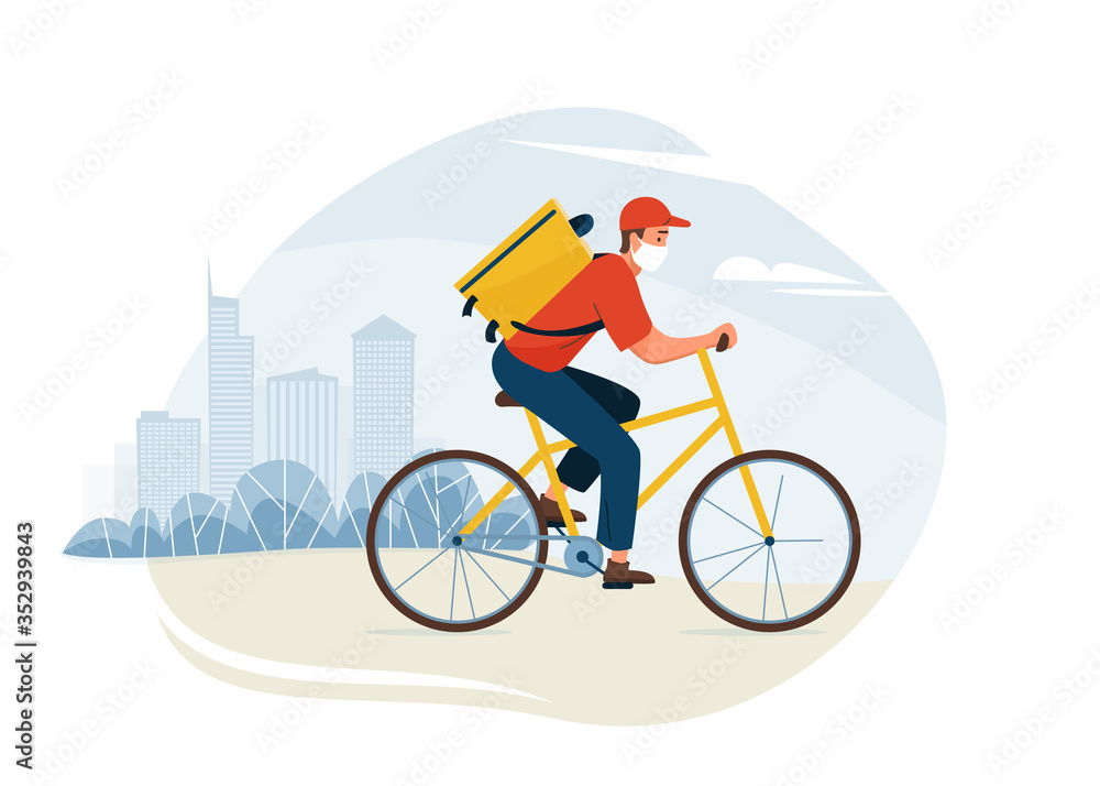 Fototapeta premium Delivery service vector illustration. Fast safe deliver by courier ride by bike to work or home, outdoor city landscape, cityscape. Worker wearing in respiratory mask to prevent corona virus pandemic