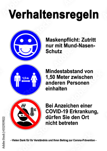 ds236 DiskretionSchild - Gastronomie Set Icons: Zutritt nur mit Mund-Nasen-Schutz / Mindestabstand 1,50 Meter zwischen anderen Personen / Coronavirus Covid-19. - Druckvorlage DIN A2 A3 A4 - xxl g9678 photo